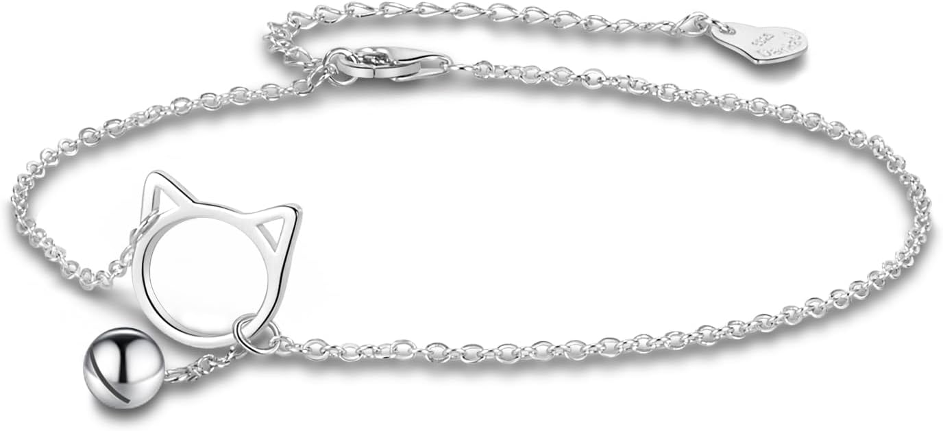 Dankadi Women 925 Sterling Silver Anklet Bracelets Cute Cat/Bell Pendant Chain Beach Anklet Bracelet Boho Adjustable Size Anklet Jewelry Gift for her