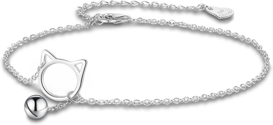 Dankadi Women 925 Sterling Silver Anklet Bracelets Cute Cat/Bell Pendant Chain Beach Anklet Bracelet Boho Adjustable Size Anklet Jewelry Gift for her