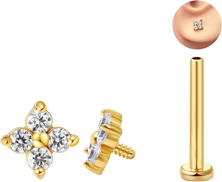 FANSING CZ Flower Internally Threaded Flat Back Earring Labret Stud for Cartilage Tragus Helix Conch