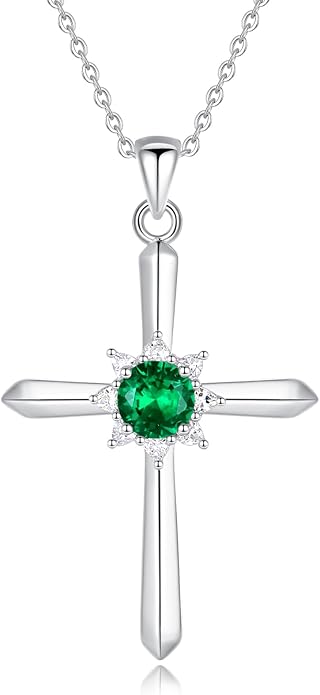 FANCIME Birthstone Cross Necklace for Women Sterling Silver Birthstone Necklace Halo Infinity Cross Pendant Necklace Fine Jewelry Valentines Day Gifts Birthday Holiday Gifts for Her, 16"+2" Inches
