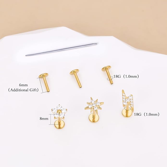 limerencia Titanium Internally Threaded Flat Back Earrings, 3 Pcs Implant Grade Hypoallergenic Studs, 18G Tragus Helix Conch Cartilage Piercing Jewelry for Sensitive Ears Women Men, Gold/Silver