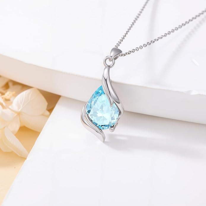HPQQ Birthstone Necklace for Women 925 Sterling Silver Teardrop Pendant Fine Jewelry Birthday Mothers Day Gifts for Women Mom Her