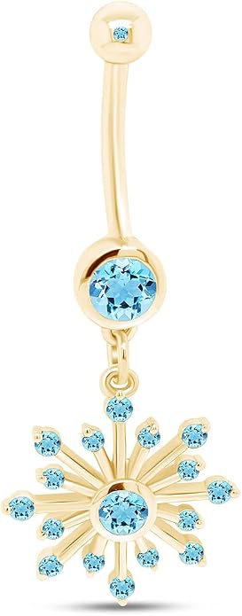 AFFY Snowflake Belly Button Ring for Women Simulated Birthstone, Round Cut Gemstone in 14K Gold Over 925 Sterling Silver, Navel Barbell Piercing Jewelry for Her