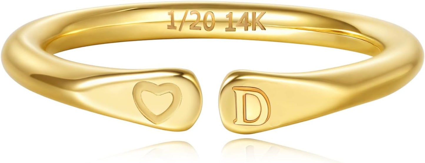14k Gold Filled Hand Carving Initial Rings for Women Non Tarnish Wedding Heart Shaped Bands for Women
