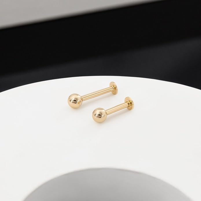 14k Yellow/White Gold Body Jewelry Earrings for Women Threaded Micro CZ Gem Top Tragus/Helix/Labret Stud 16G 6mm 8mm
