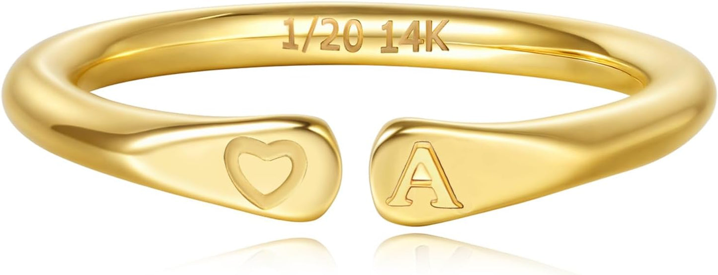 14k Gold Filled Hand Carving Initial Rings for Women Non Tarnish Wedding Heart Shaped Bands for Women