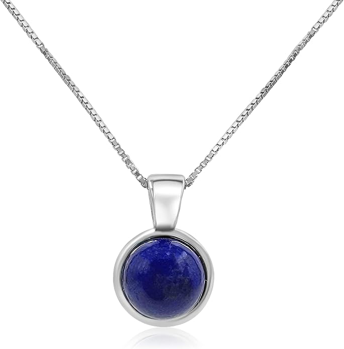 Natural gemstone 8mm round pendant with white gold over 925 sterling silver bezel cabochon plate and box chain, real genuine dainty birthstone gift for her, uniquelan jewelry