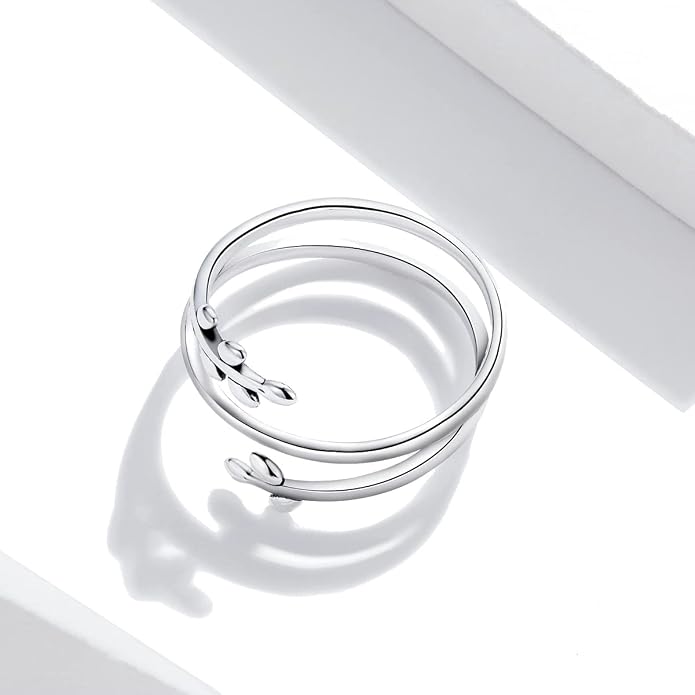 MUNDELL 925 Sterling Silver Simple Multi-layer Leaf Adjustable Ring Green Lucky Leaves Statement Ring for Women Promise Ring Fine Jewelry