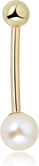 AVORA 10K Yellow/White Gold Freshwater Pearl Belly Button Ring Body Jewelry (14 Gauge)