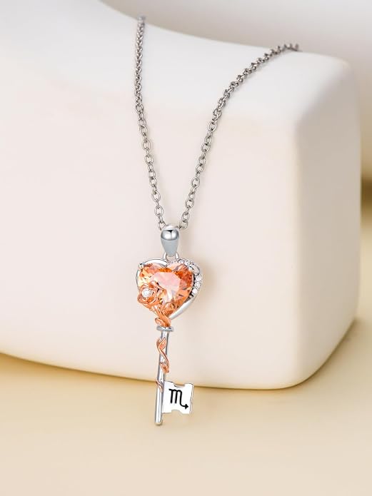 OCJ Zodiac Necklace for Women 925 Sterling Silver Rose Flower Key Pendant Necklaces Zodiac Birthstone Jewelry Wife Birthday Anniversary Christmas Gifts for Her