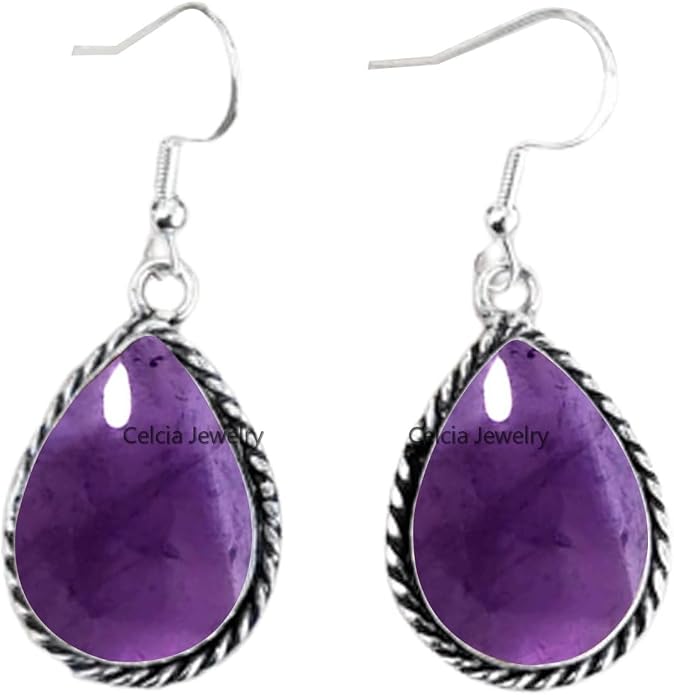 Pure 925 Sterling Silver Dangle Drop Earrings for Women, Pear Gemstone Handcrafted Earrings for Women & Girl ('Amethyst)