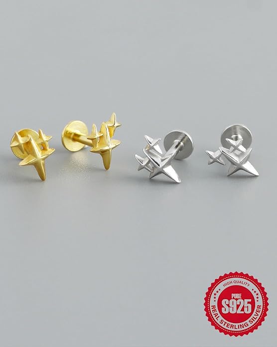 925 Sterling Silver Star Flat Back Cartilage Earrings Helix Tragus Conch Studs Hypoallergenic Internally Threaded Pair Minimalist Labret Lip Nose Ear Piercing Jewelry