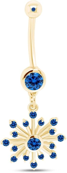 AFFY Snowflake Belly Button Ring for Women Simulated Birthstone, Round Cut Gemstone in 14K Gold Over 925 Sterling Silver, Navel Barbell Piercing Jewelry for Her