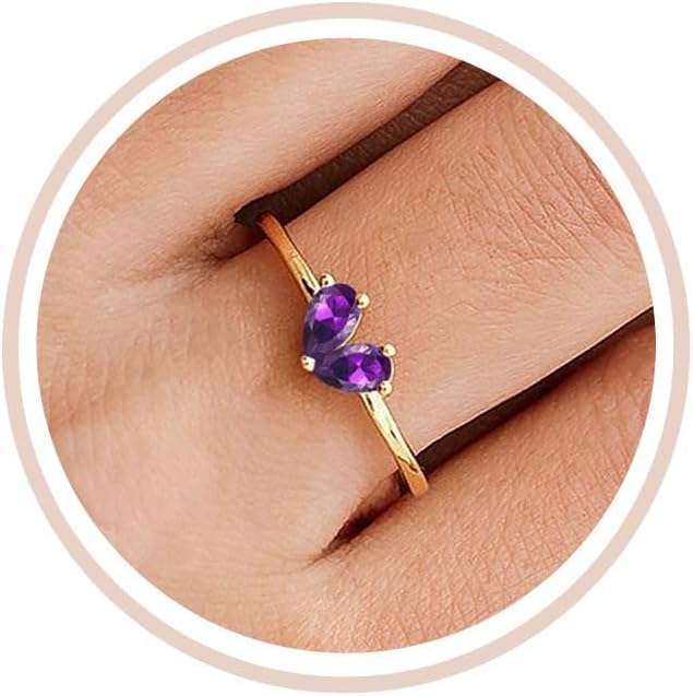 Mothers Day Gifts Gold Heart Birthstone Rings for Women Non Tarnish Stackable Pinky Ring Dainty 14K Gold Plated CZ Gemstone Ring Wedding Promise Ring Birthday Jewelry Gift for Mom