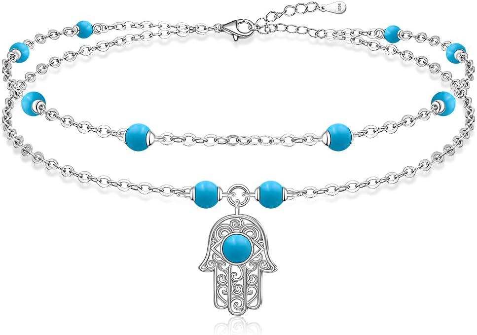 Anklets for Women S925 Sterling Silver Hand of Fatima Charm Dainty Evil Eye Hamsa Hand Anklet Adjustable Layered Bracelet Turquoise Jewelry Mothers Day Gifts for Mom