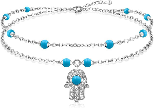 Anklets for Women S925 Sterling Silver Hand of Fatima Charm Dainty Evil Eye Hamsa Hand Anklet Adjustable Layered Bracelet Turquoise Jewelry Mothers Day Gifts for Mom