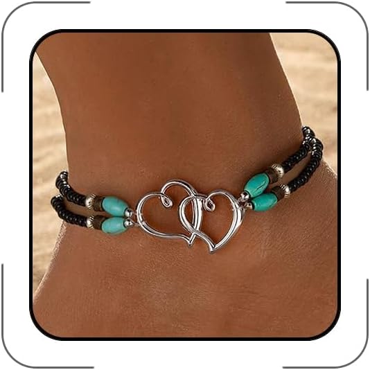 Elastic Beaded Ankle Bracelets for Women Double Heart Layered Stretch Ankle Bracelets Waterproof Dainty Boho Beaded Anklets for Summer Beach Foot Jewelry