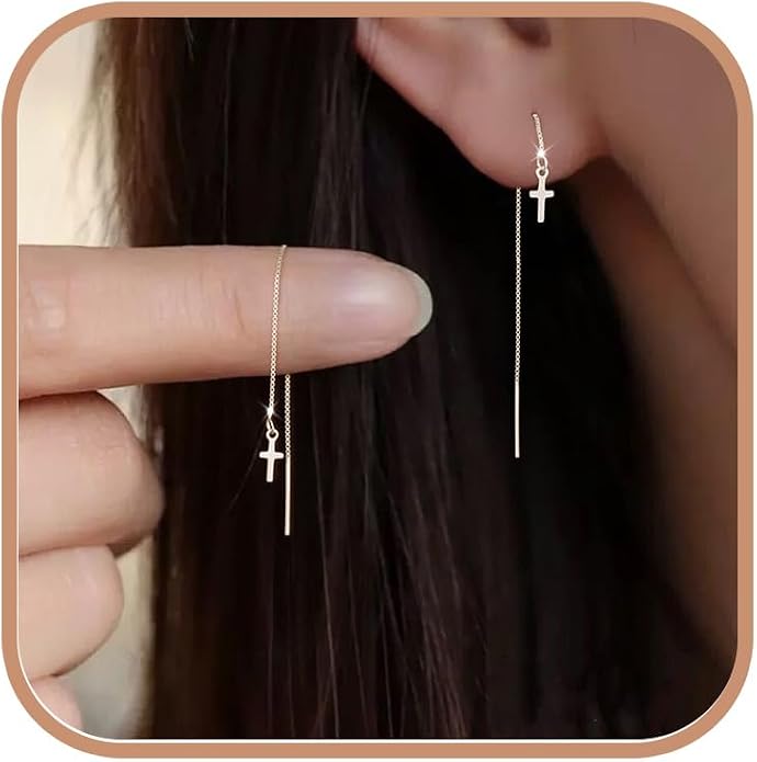 Cross Threader Earrings for Women 925 Sterling Silver Dainty Long Chain Ear Line 14K Gold Plated Elegant Cross Faith Dangle Tassel Earrings Hypoallergenic Drop Stud Christian Wedding Jewelry Gift