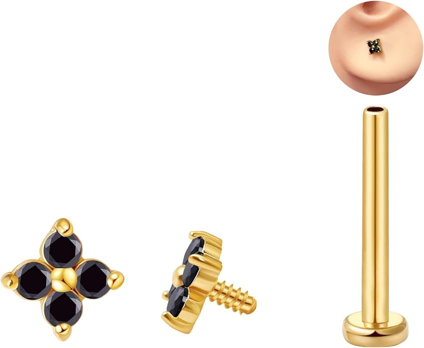 FANSING CZ Flower Internally Threaded Flat Back Earring Labret Stud for Cartilage Tragus Helix Conch