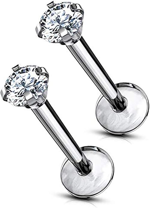 16 g Titanium Internally Threaded Tragus Piercing Jewelry CZ Top Flat Back Piercing Nose Studs Earring, Helix, Cartilage, Labret, Monroe for Women or Men