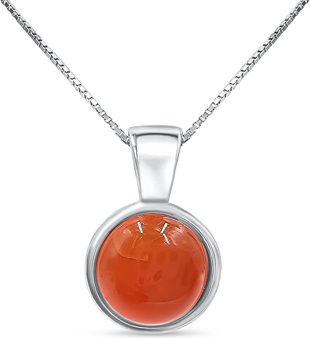 Natural gemstone 8mm round pendant with white gold over 925 sterling silver bezel cabochon plate and box chain, real genuine dainty birthstone gift for her, uniquelan jewelry