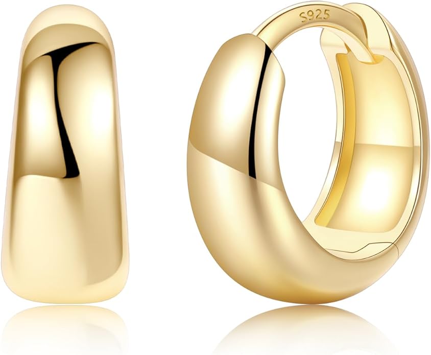 Silvora 14K Gold Plated Chunky Hoop Earrings for Women, Small Thick Huggie Hoops with 925 Sterling Silver Post, Hypoallergenic Lightweight Hoop Earrings, 8/10/12/14mm