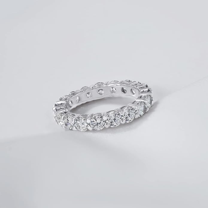 Amazon Essentials Platinum or Gold Plated Sterling Silver All-Around Band Ring set with Round Infinite Elements Cubic Zirconia