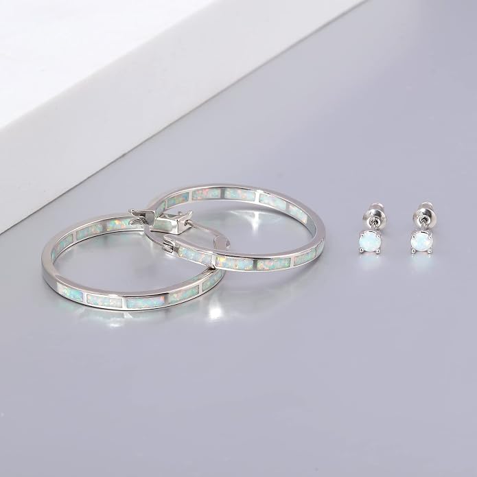 CiNily Opal Hoop Earrings,Women Jewelry Rhodium Plated/Rose Gold or Yellow Gold Plated Gemstone Big Hoop Earrings 32mm