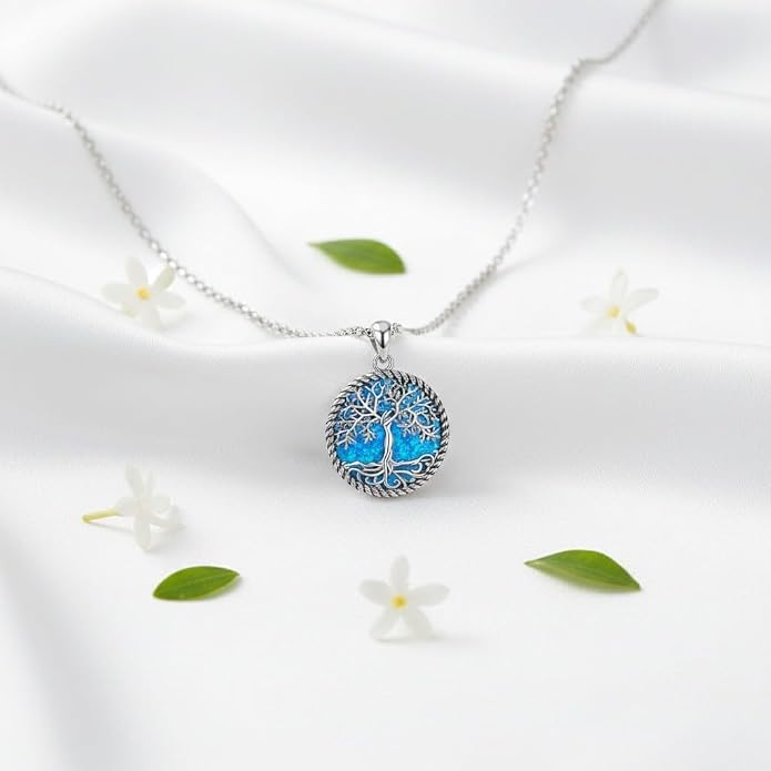Tree of Life Necklace 18K White Gold Plated Turquoise/Pearl Shell/Malachite/Abalone Shell/Blue Opal/Black Onyx Tree Necklace Jewelry Gift for Women Men,22+2"