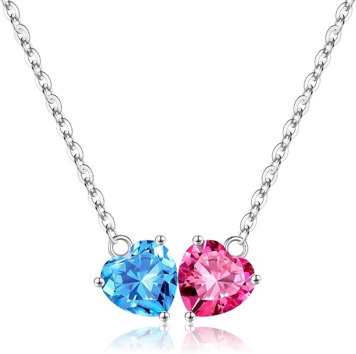 Iefil 1.25Ct Double Heart Birthstone Necklace - 925 Sterling Silver Birthstone Necklace, Birthday Gifts for Women, Jewelry Gifts for Mom Daughter Wife
