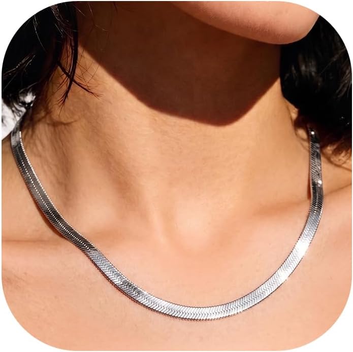 FindChic Black/14K Gold Plated Herringbone Choker Chain Necklace for Women | Waterproof Stainless Steel, Dainty Layering, Flat Snake Chain, Non-Tarnish, Hypoallergenic, Adjustable Extender, Gift Box