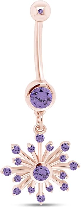 AFFY Snowflake Belly Button Ring for Women Simulated Birthstone, Round Cut Gemstone in 14K Gold Over 925 Sterling Silver, Navel Barbell Piercing Jewelry for Her