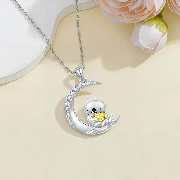 PROESS Animal Birthstone Necklace 925 Sterling Silver Otter/Axolotl/Hippo/Elephant/Dachshund/Monkey/Red Panda Pendant Necklace Animal Birthstone Jewelry Gifts for Women