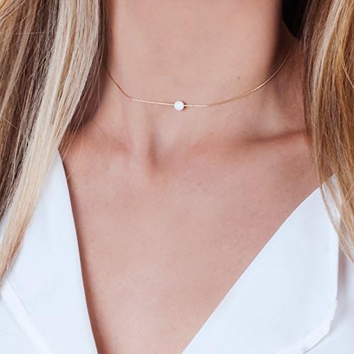 Opal Bead Choker Necklace – Rose and Gold Filled or Sterling Silver, Blue or White Opal Ball, Dainty Minimalist Jewelry 13.5"-16.5"