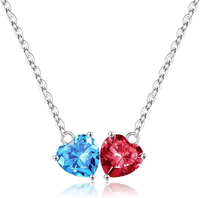 Iefil 1.25Ct Double Heart Birthstone Necklace - 925 Sterling Silver Birthstone Necklace, Birthday Gifts for Women, Jewelry Gifts for Mom Daughter Wife