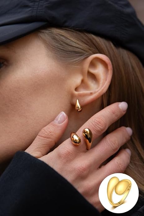 KOHOTA 6PCS Thick Dome Chunky Rings for Women 18K Gold Plated Braided Twisted Signet Ring Big Croissant Ring Minimalist Statement Ring Size 5-9