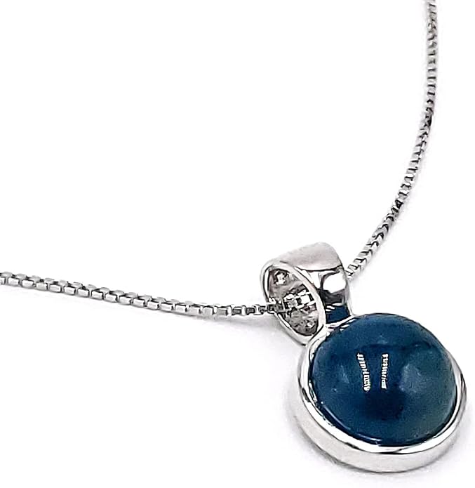 Natural gemstone 8mm round pendant with white gold over 925 sterling silver bezel cabochon plate and box chain, real genuine dainty birthstone gift for her, uniquelan jewelry