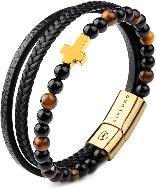 LONDON Mens Bracelet Leather Black Multi-Layer Stone Beads Adjustable Steel Clasp Viking Rope Bands Surfer Man Wristband Male UK Jewellery Gift box Boyfriend Dad Son Brother Tiger Eye