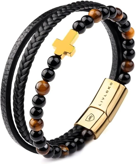 LONDON Mens Bracelet Leather Black Multi-Layer Stone Beads Adjustable Steel Clasp Viking Rope Bands Surfer Man Wristband Male UK Jewellery Gift box Boyfriend Dad Son Brother Tiger Eye
