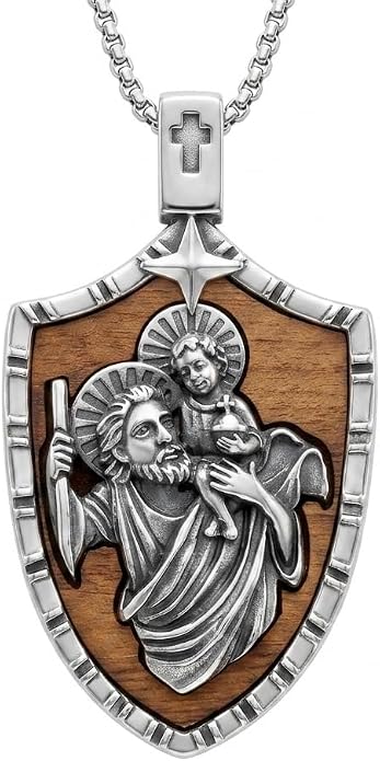 ONEFINITY Wooden Necklace Viking Wolf/St Benedict Medals/St Michael/Crucifix/St Christopher Pendant Necklace for Men Archangel Amulet Wooden Religious Jewelry Gifts for Men Women