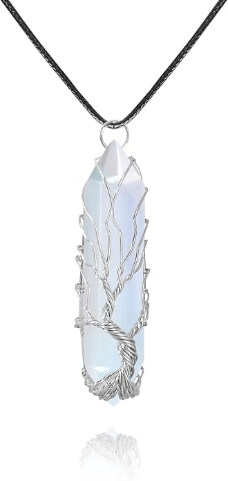 VIBILIA Healing Crystal Necklace Tree of Life Wire Wrapped Natural Stone Point Pendant Necklace Hexagonal Reiki Spiritual Quartz Gemstone Jewelry for Women Men