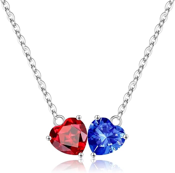 Iefil 1.25Ct Double Heart Birthstone Necklace - 925 Sterling Silver Birthstone Necklace, Birthday Gifts for Women, Jewelry Gifts for Mom Daughter Wife