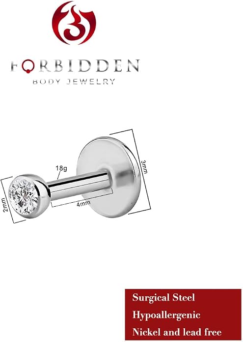Forbidden Body Jewelry Surgical Steel Earrings Internally Threaded Micro CZ Gem Top Tragus/Helix/Labret Stud with 2mm Top 18G (4mm-10mm)