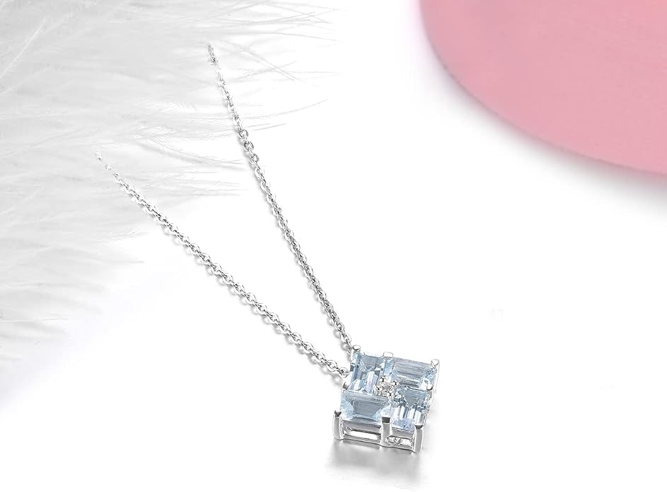 Natural Aquamarine Pendant Necklace for Women S925 Sterling Silver Gemstone March Birthstone Square Elegant Charm Fine Jewelry for Birthday