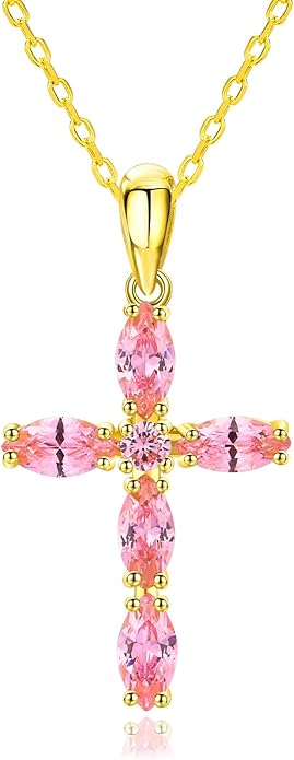 14K Gold Plated 925 Sterling Silver Birthstone Cross Necklace for Women Men