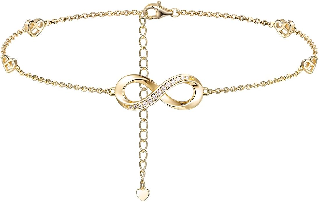 Moissanite Infinity Anklet for Women, Real Authentic 925 Sterling Silver Hypoallergenic, Beautiful Summer Jewelry, Dainty Ankle Bracelet, 8.6-10.6inch (21-26cm) Adjustable
