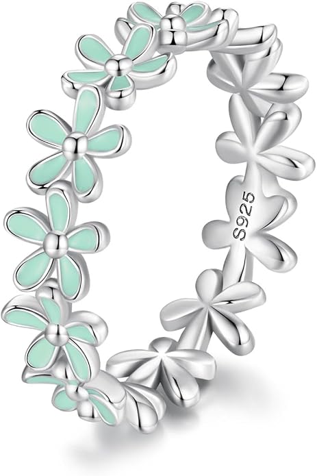 MUNDELL 925 Sterling Silver Dainty Daisy Rings Blue Flower Finger Rings for Women Stacking Promise Rings Fine Jewelry