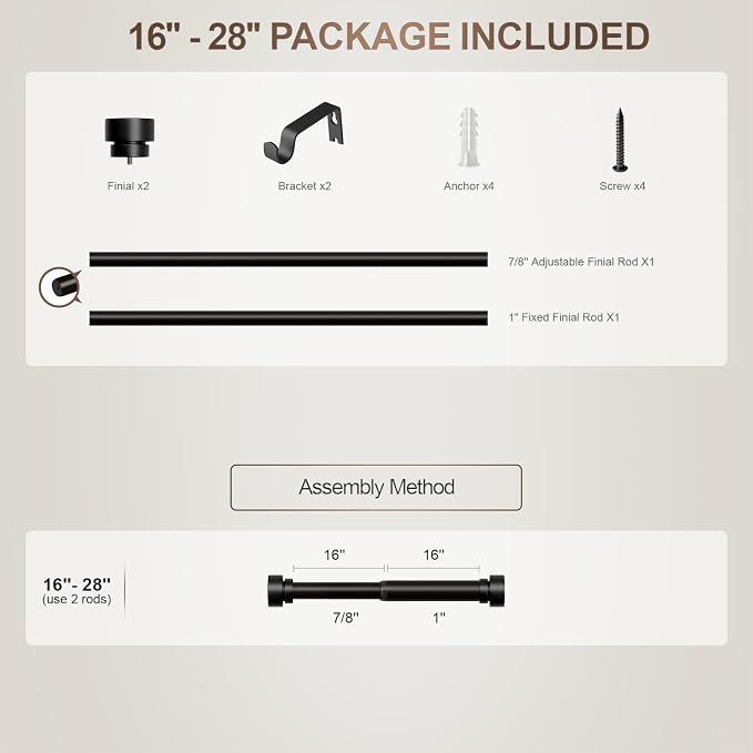 Lootkell Modern Black Curtain Rods for Windows 16 to 28 Inches Adjustable Length Heavy Duty 1" Diameter Window Curtain Rod with Decorative Finials for Outdoor Farmhouse Bedroom Kitchen Living Room