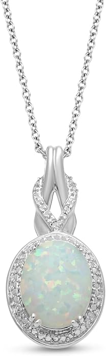 Jewelili Created Oval Opal Necklace Pendant for Women with Diamonds and October Birthstone in Sterling Silver 18" Rolo Chain