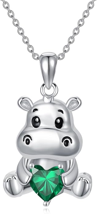 PROESS Animal Birthstone Necklace 925 Sterling Silver Otter/Axolotl/Hippo/Elephant/Dachshund/Monkey/Red Panda Pendant Necklace Animal Birthstone Jewelry Gifts for Women